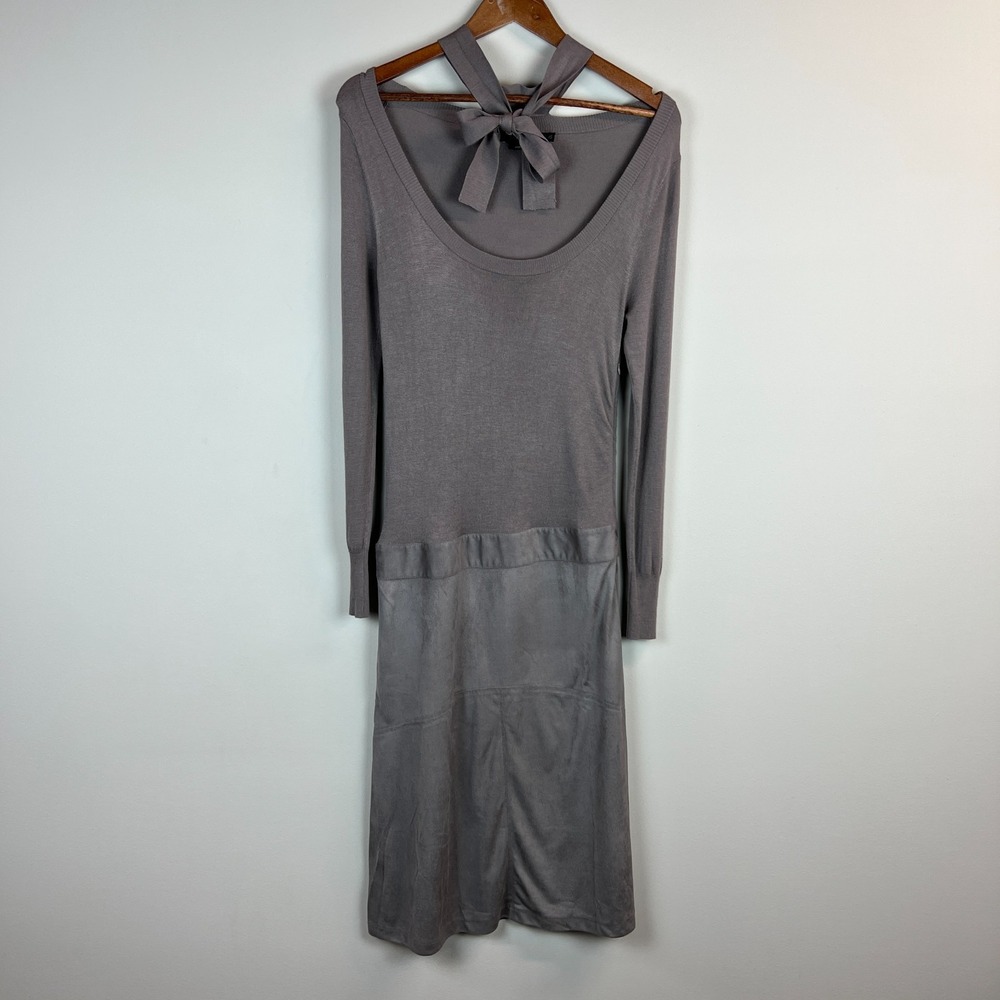 VERTIGO Paris Midi Dress XS Gray Taupe Tie Neck‎ Knit Faux Suede Office Sheath
